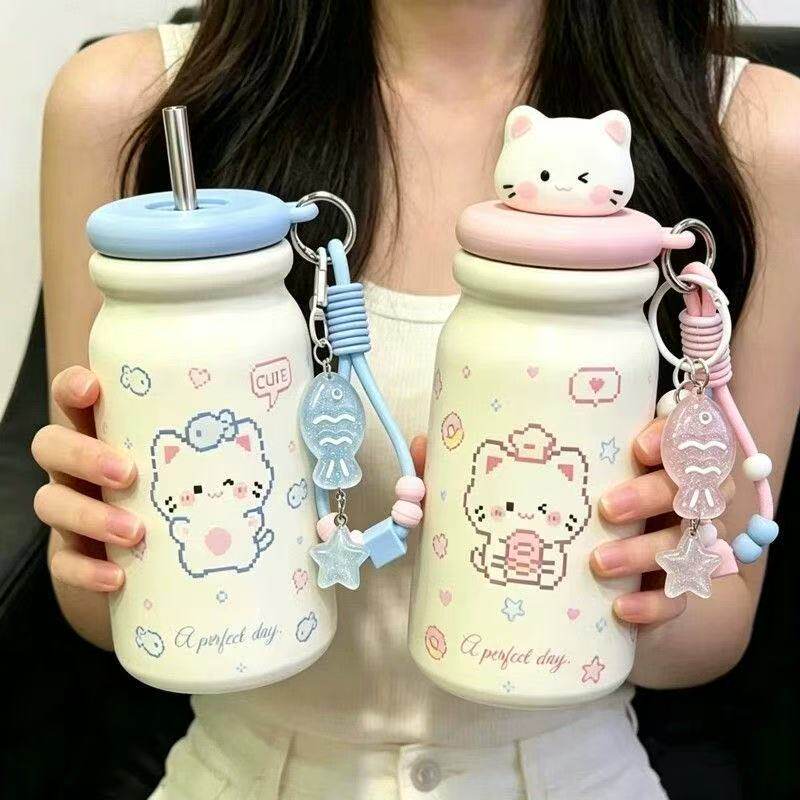 新款保温杯不锈钢食品内胆女生高颜值大容量学生便携吸管杯带茶仓