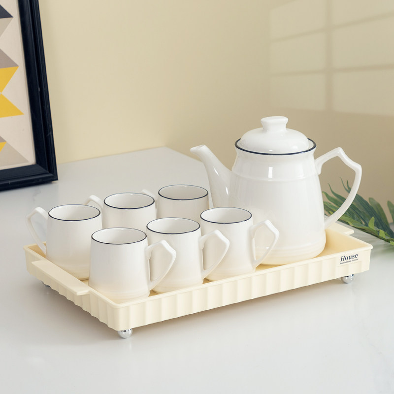 茶壶简约白色陶瓷客厅茶具套组 耐用高温可泡茶白瓷杯米黄色托 托