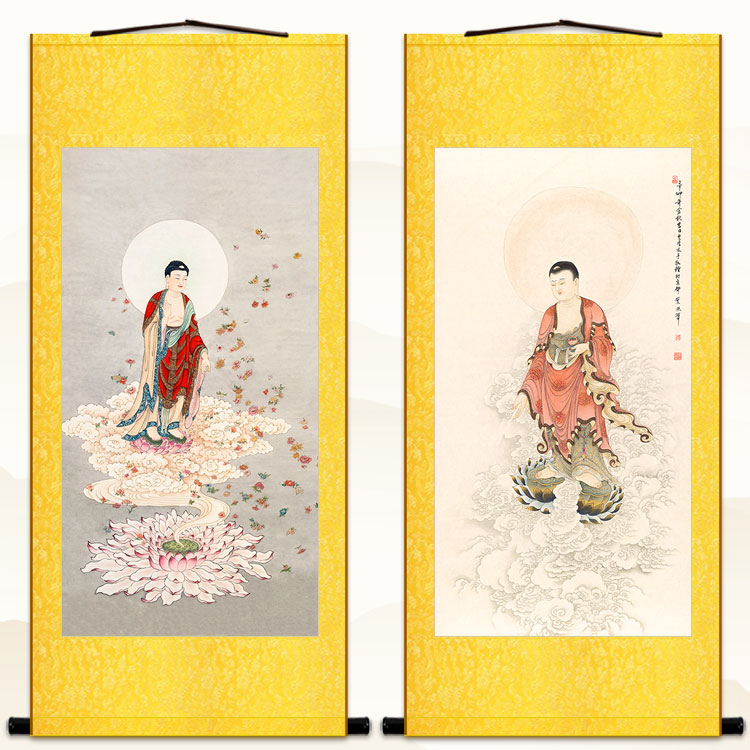 速发莲花阿弥陀佛接引图 中式装饰佛像画 绢布材质卷轴挂画可