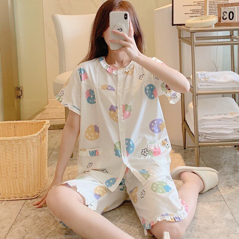 速发妈妈睡衣夏短裤棉布家居服全棉中老年套装薄款大码外穿