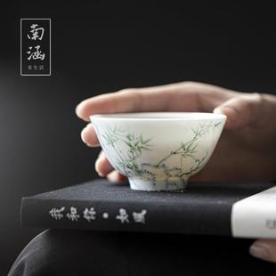 南涵手绘超薄胎玉瓷主人杯釉下彩洞天竹影书怀青花茶具个人杯茶杯