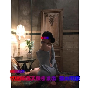 纯欲包臀裙 一字肩蝙蝠袖 擦性感边网红抖音连衣裙露背大码 蓝色长袖