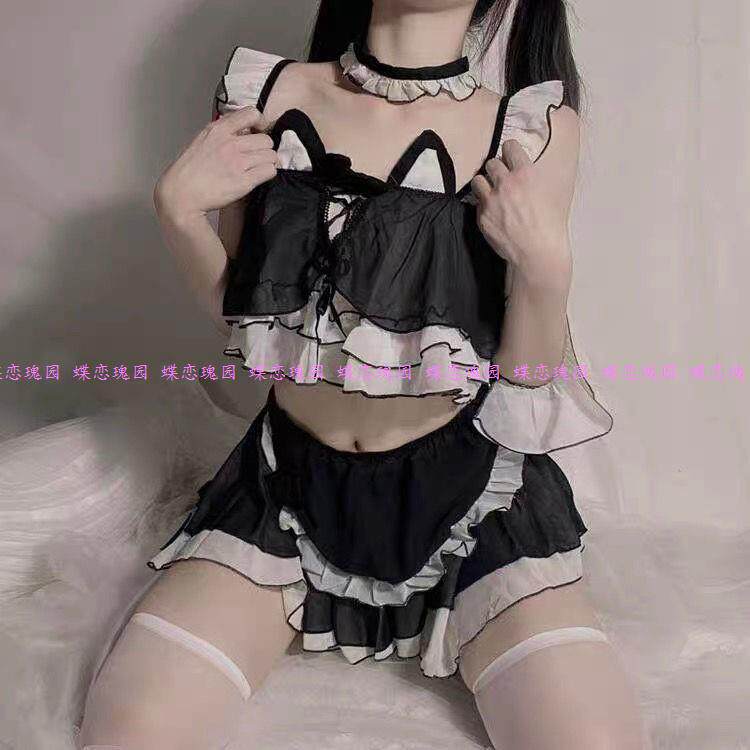 性感情涩吊带喵咪短裙可爱花边蕾丝超萌猫耳蝴蝶结角色扮演制服女