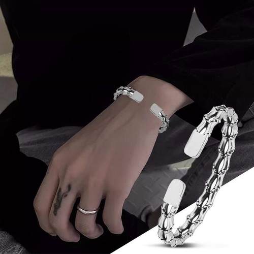 原创泰国手工编织双层男士个性复古泰银开口手环银镯子男竹节手镯