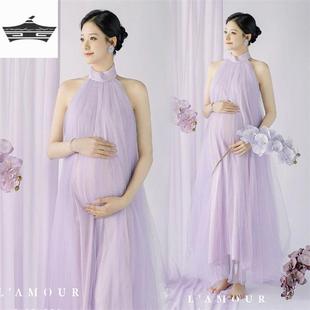 仙气性感露背紫色连衣裙孕妇照衣服在家拍 影楼新款 温柔孕妇照服装