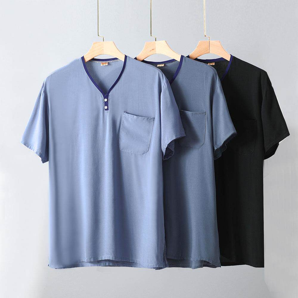 纯棉绸t恤衫男士夏季宽松大码休闲短袖透气薄款爸爸装人造棉上衣