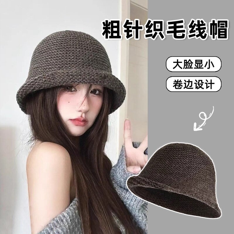 针织帽冬帽显脸小百搭卷边针织渔夫帽女秋冬季时尚简约毛线帽复古