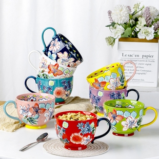 彩绘马克杯繁花陶瓷早餐杯情侣水杯精致喝水杯子高温釉下彩咖啡杯