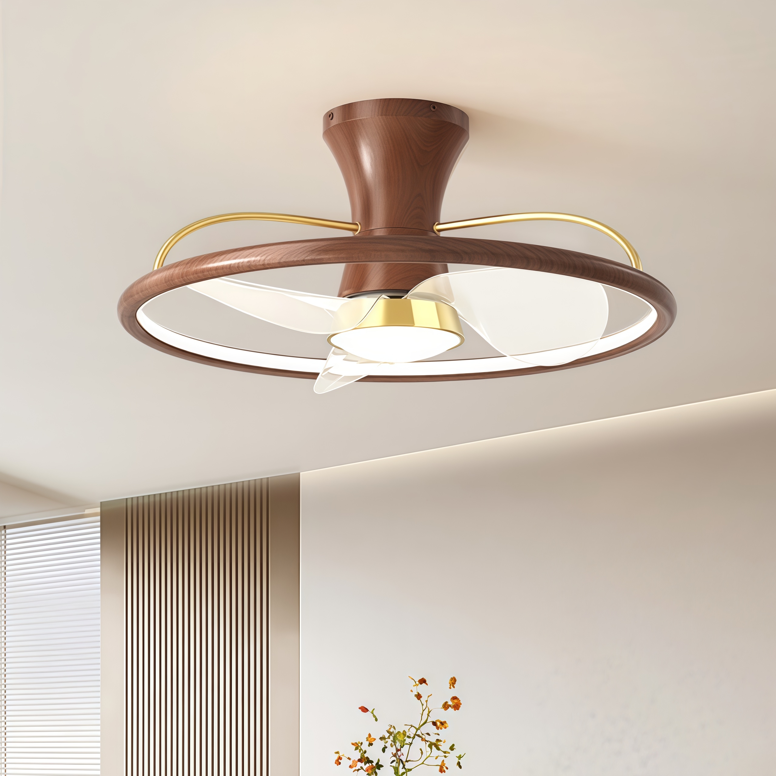 卧室阳台风扇灯书房吸顶灯带电风扇中古风隐形扇叶吊扇灯语音遥控