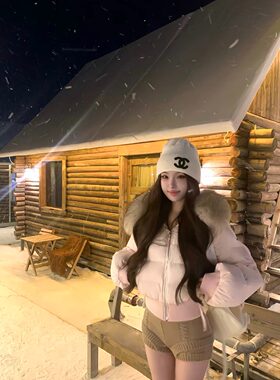 90白鸭绒貉子毛毛领保暖短款羽绒服女款冬季粉色外套