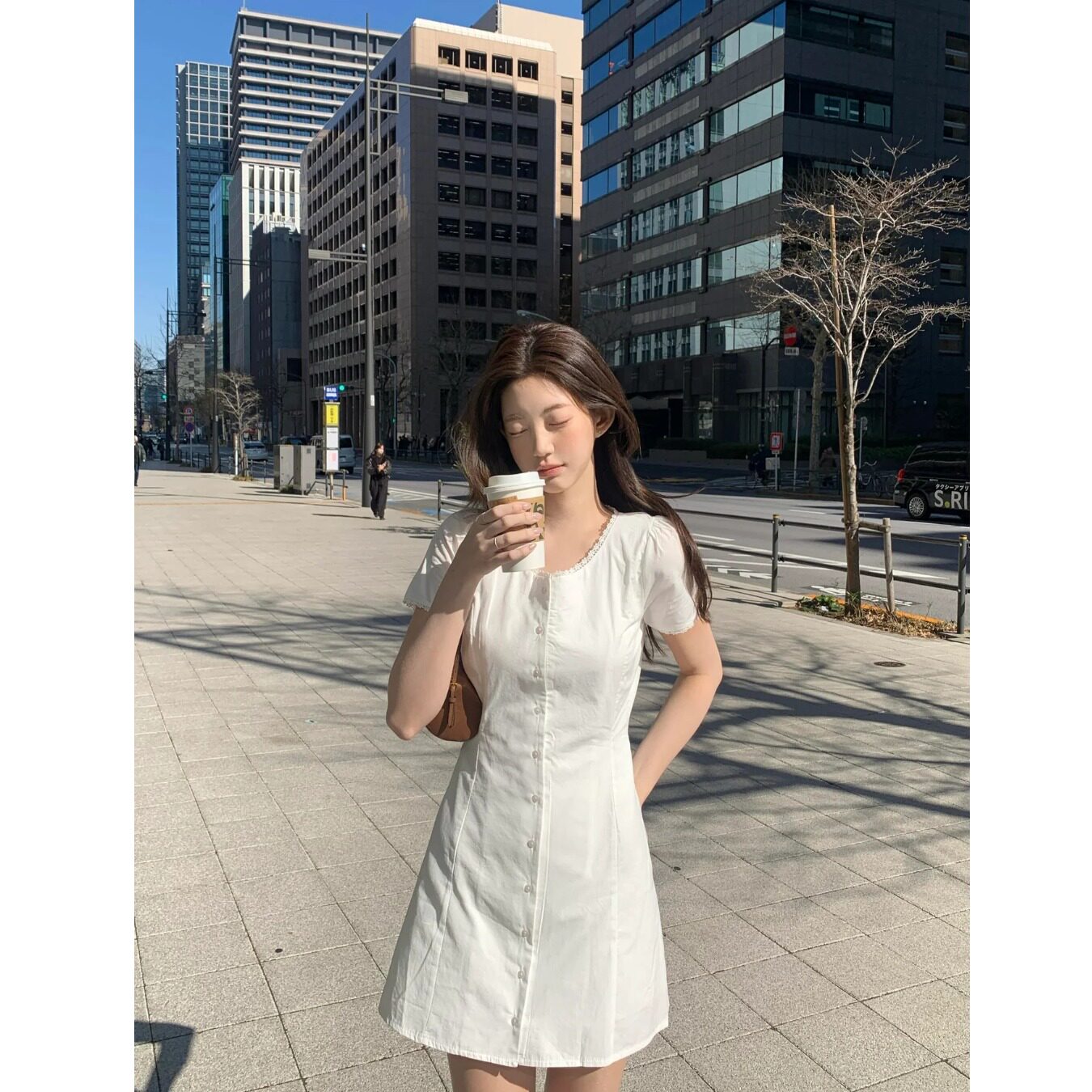 韩国夏季新款复古气质甜美蕾丝花边短袖单排扣A字连衣裙