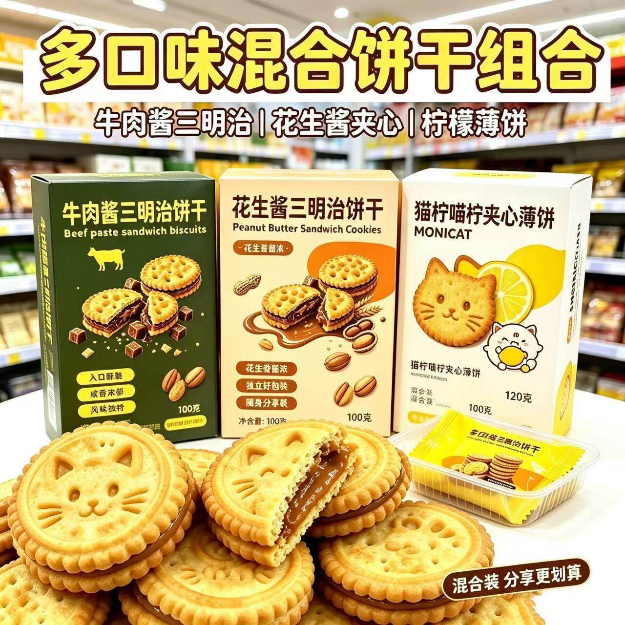 多口味夹心饼干薄饼零食