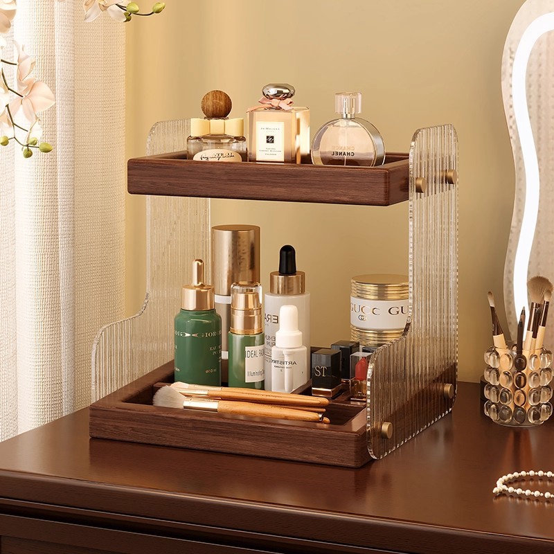实木化妆品复古收纳盒梳妆台桌面香水置物架护肤品口红收纳首饰盒