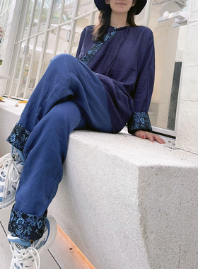 福洱【梨花香】新中式提花卷边休闲裤女阔腿裤宽松长裤.5Y04143