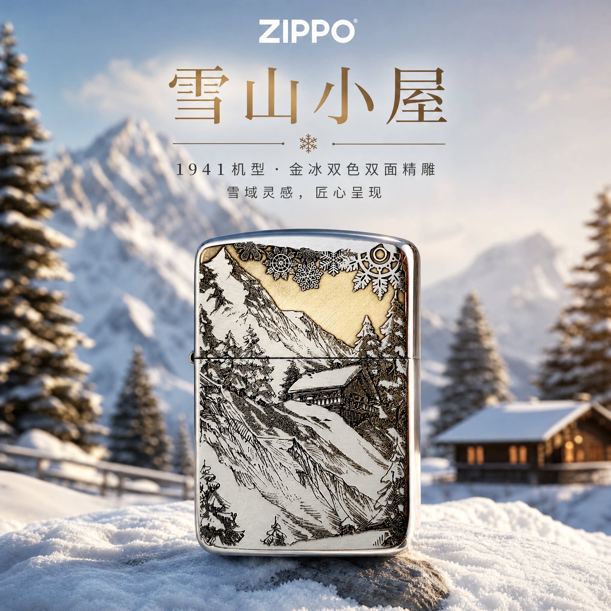ZIPPO正品打火机1941军机金冰雕刻雪山小屋简约送男友生日礼物