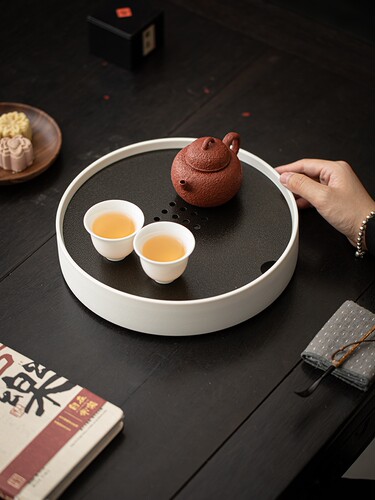 古茶圆形陶瓷单人小茶盘干泡茶桌小贮水茶具托盘排水托盘家用