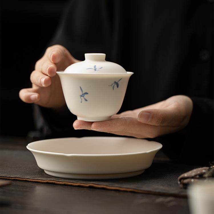 古与茶 手绘兰花羊脂玉白瓷二才盖碗单个家用陶瓷茶具喝茶泡茶碗