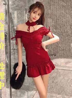 红色性感野玫瑰风格2024春夏新款v领短袖飘带chocker设计连衣裙女