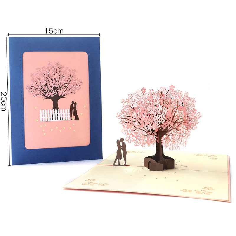 Valentine's Day 3D Greeting Card Romantic Cherry Blossom Tree Couple Blessing 3D Paper Sculpture Creative Gift Postcard Cross-Border