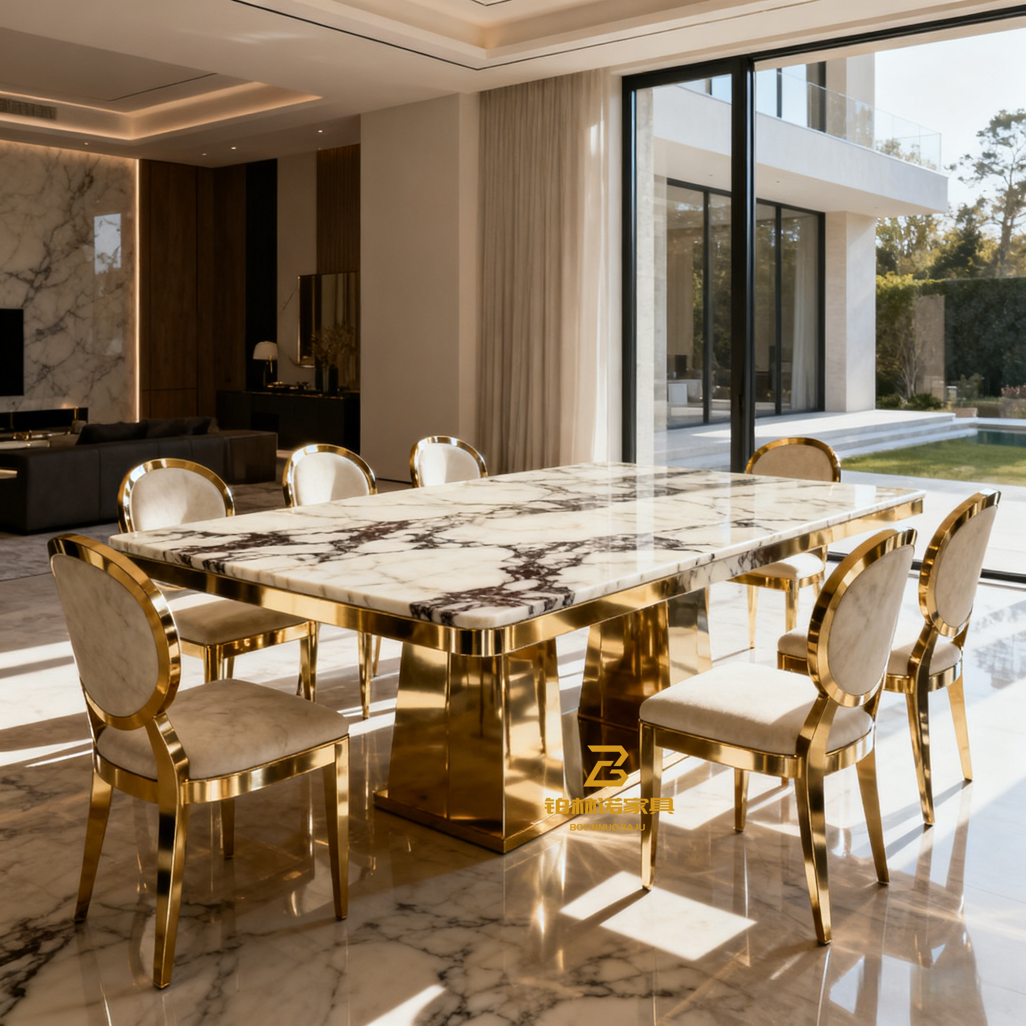 2026款轻奢天然大理石餐桌长方形金色餐椅高级感设计师款客厅饭桌