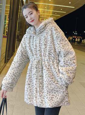 新疆包邮专区2022秋冬新款仿水貂绒皮草外套女加厚拉链中长款豹纹