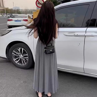 灰色高腰a字百褶半身裙女2023新款夏天高级感雪纺气质休闲长裙子