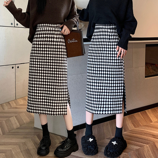 格子半身裙夏季2023年新款女装高腰a字毛呢春秋中长款小个子包臀