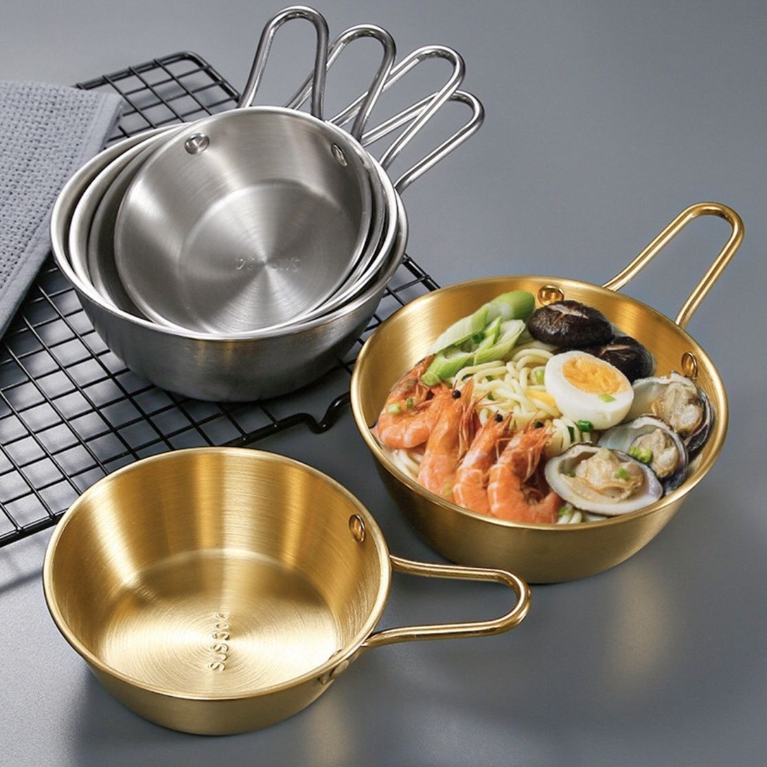 韩式米酒碗带把手304不锈钢热凉酒碗金色小黄碗料理店专用调料