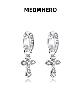 MEDM HEROS925银针满钻十字架潮耳环小众高级感十字耳坠男女耳饰