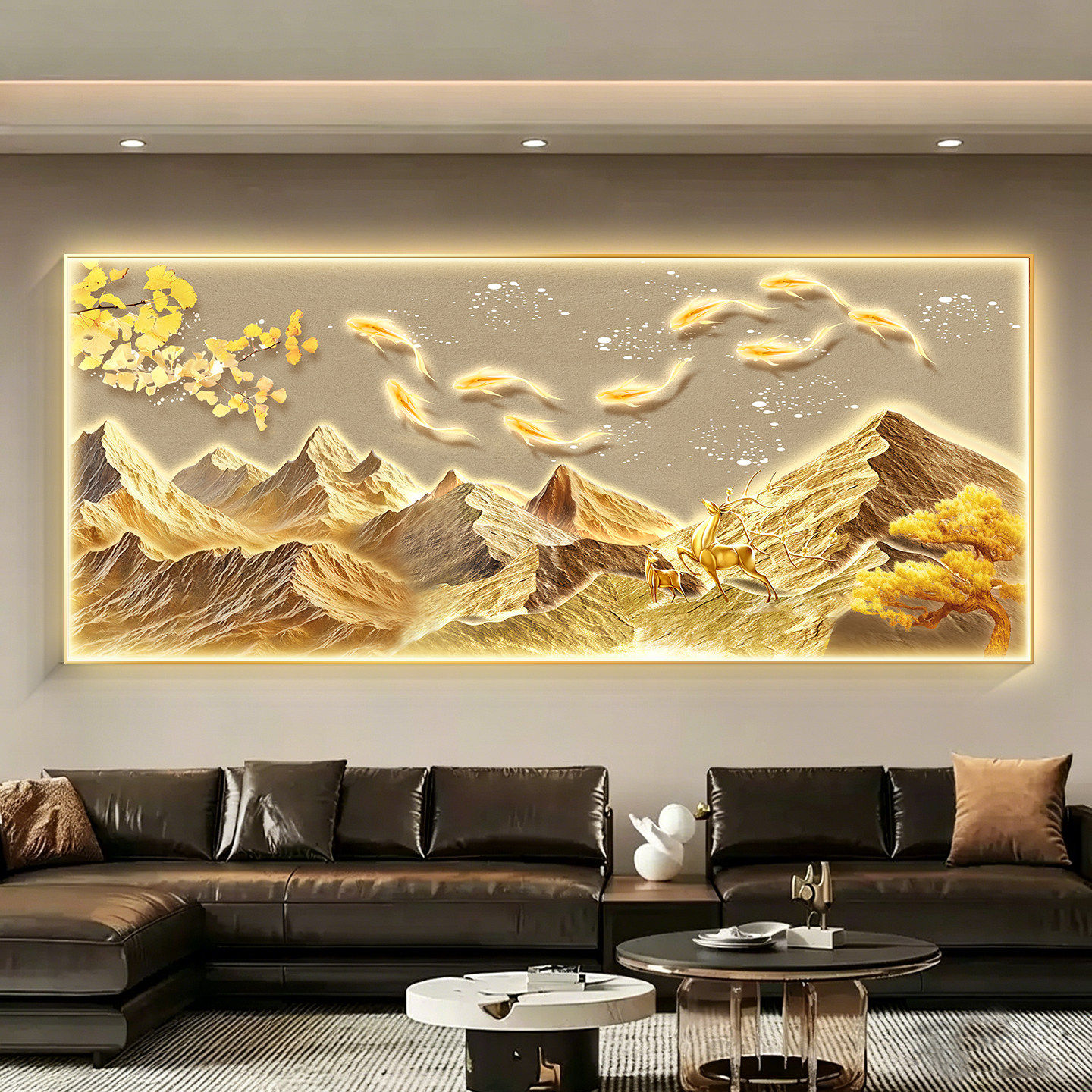 轻奢九鱼图客厅装饰画背靠金山沙发背景墙挂画LED灯福禄双全壁画
