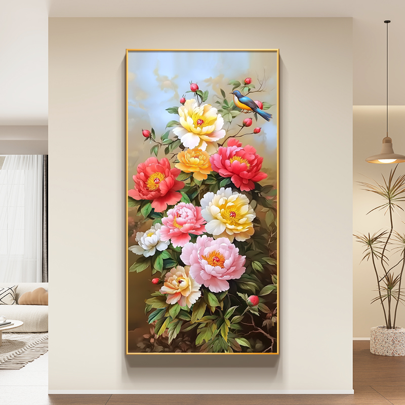 牡丹花开富贵玄关装饰画新中式走廊过道挂画喜上眉梢客厅竖版壁画图片
