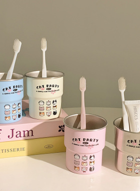 轻奢小猫家族304洗漱高颜值情侣可爱304牙刷不锈钢漱口杯家用刷牙