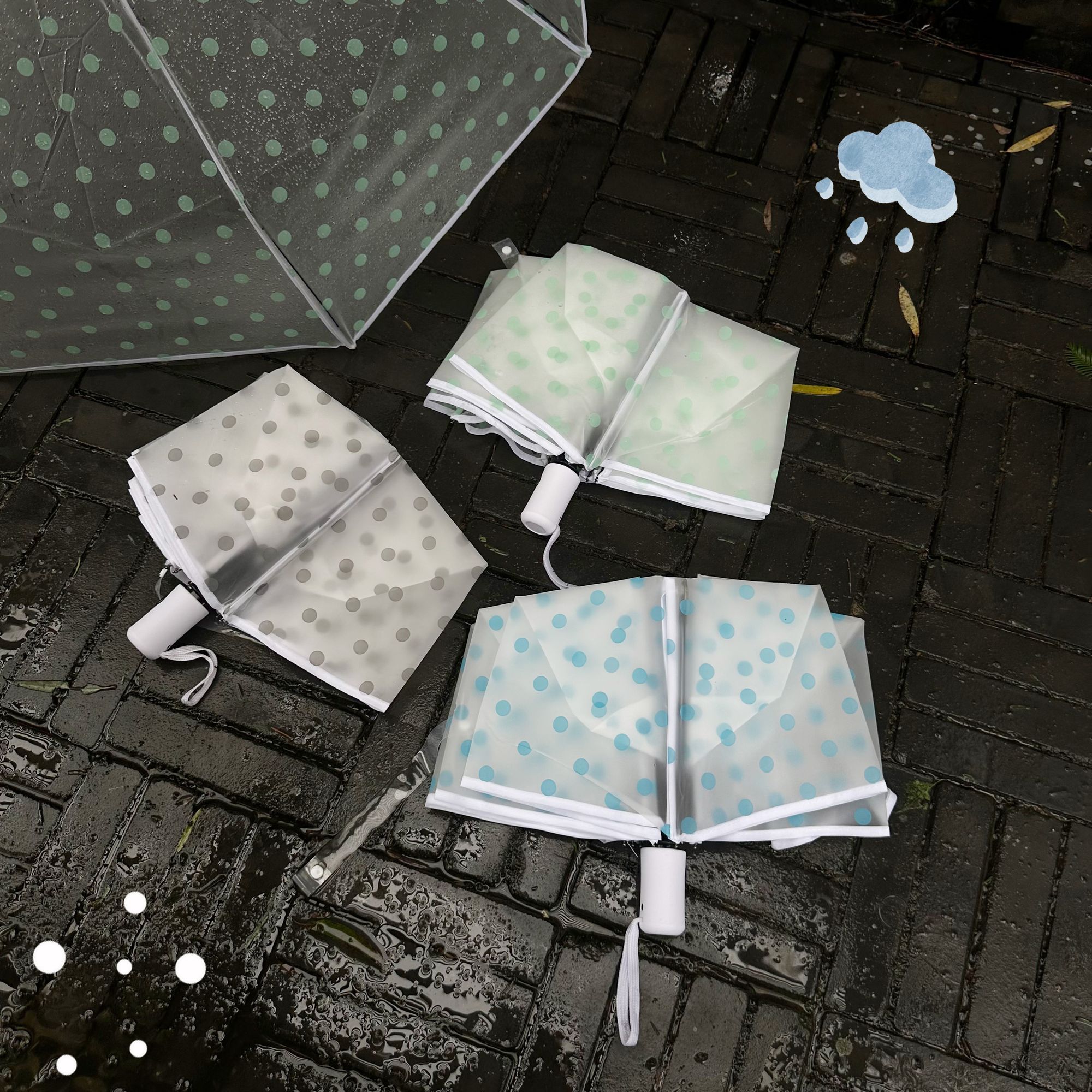 新款可爱波点环保圆波点透明塑料清新全自动不锈钢短柄折叠雨伞图片