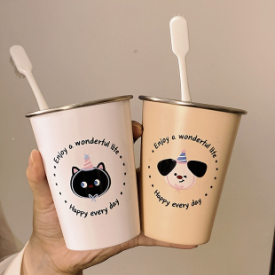 原创黑猫小狗不锈钢简约高颜值卡通可爱刷牙情侣创意漱口杯洗漱杯