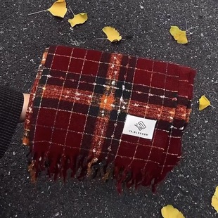 满目星河围巾红色格子圣诞韩系高级加绒加厚氛围感仿羊绒安格拉红