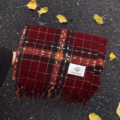 满目星河围巾红色格子圣诞韩系高级加绒加厚氛围感仿羊绒安格拉红