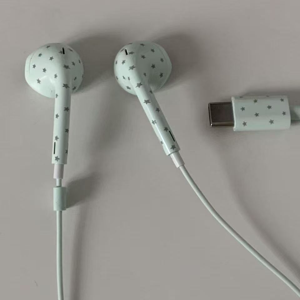 ins风波点星星薄荷绿有线耳机韩系type-c苹果安卓通用高颜值耳机