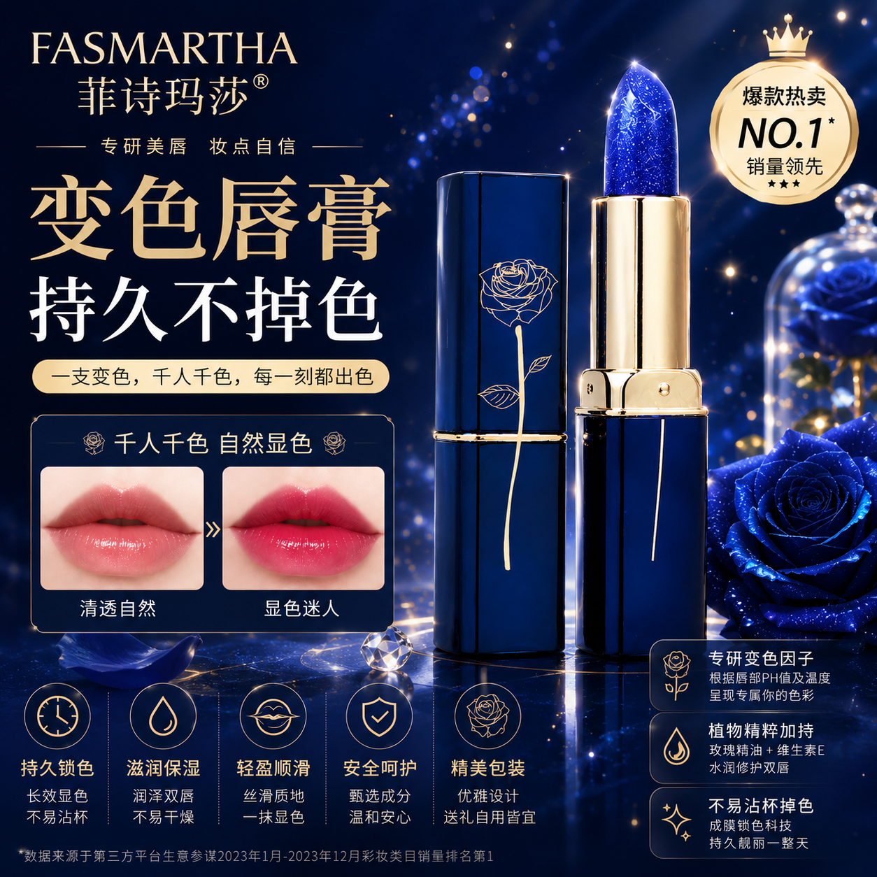 小红书同款蓝色妖姬变色口红温变唇膏滋润保湿防水持久不沾杯掉色