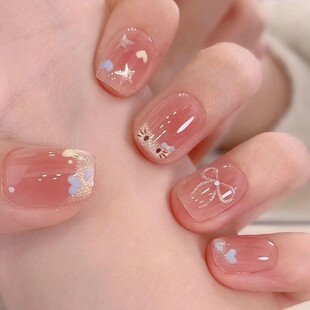 新款法式短款KT猫咪粉嫩爱心蝴蝶结美甲可爱学生党显白穿戴甲