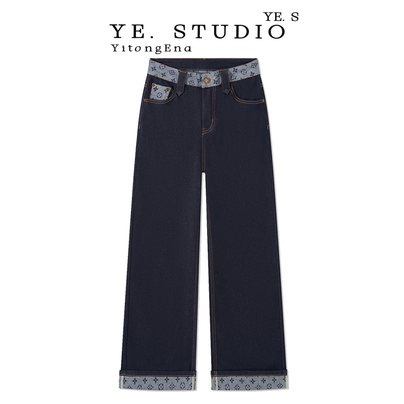丹宁蓝复古轻奢牛仔裤高腰显瘦窄版阔腿牛仔裤女牛仔25663