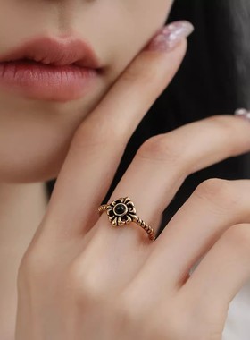 925银复古新中式古金十字鸢尾花戒指环开口调节做旧简约小众设计
