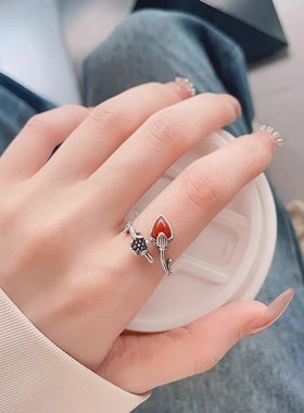 925银复古新中式南红玛瑙花朵枝叶戒指环开口调节做旧民族风小众