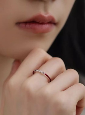 925银复古新中式碎银子编织红绳戒指环开口调节小众设计简约百搭