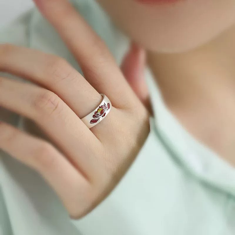 925银复古新中式珐琅滴釉红莲花戒指环女开口调节小众设计高级感