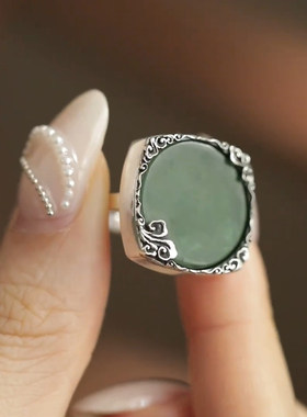 925银复古新中式和田碧玉圆牌祥云戒指环开口调节小众设计高级感