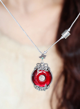 925银做旧民族风红玛瑙平安扣福字牡丹花项链吊坠复古新中式小众