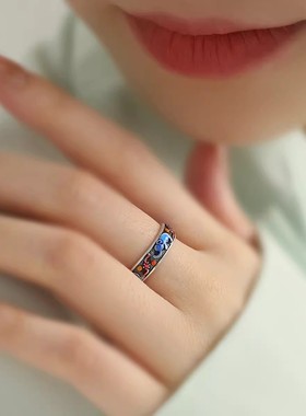 925银复古新中式珐琅彩滴釉景泰蓝吉象戒指环开口调节百搭高级感