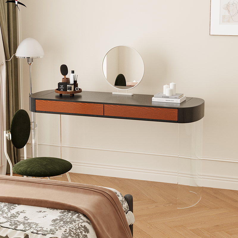 早迟法式复古风全实木梳妆台卧室亚克力化妆桌黑色长桌白蜡木书桌
