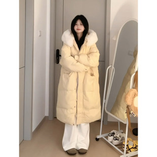 2025新款奶呼呼黄色中长款毛领羽绒棉服女冬季加厚连帽面包服外套