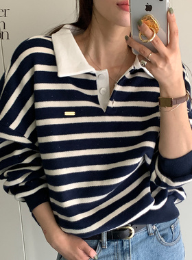 【刘烨同款】Letter from moon经典条纹翻领卫衣24秋冬款休闲上衣